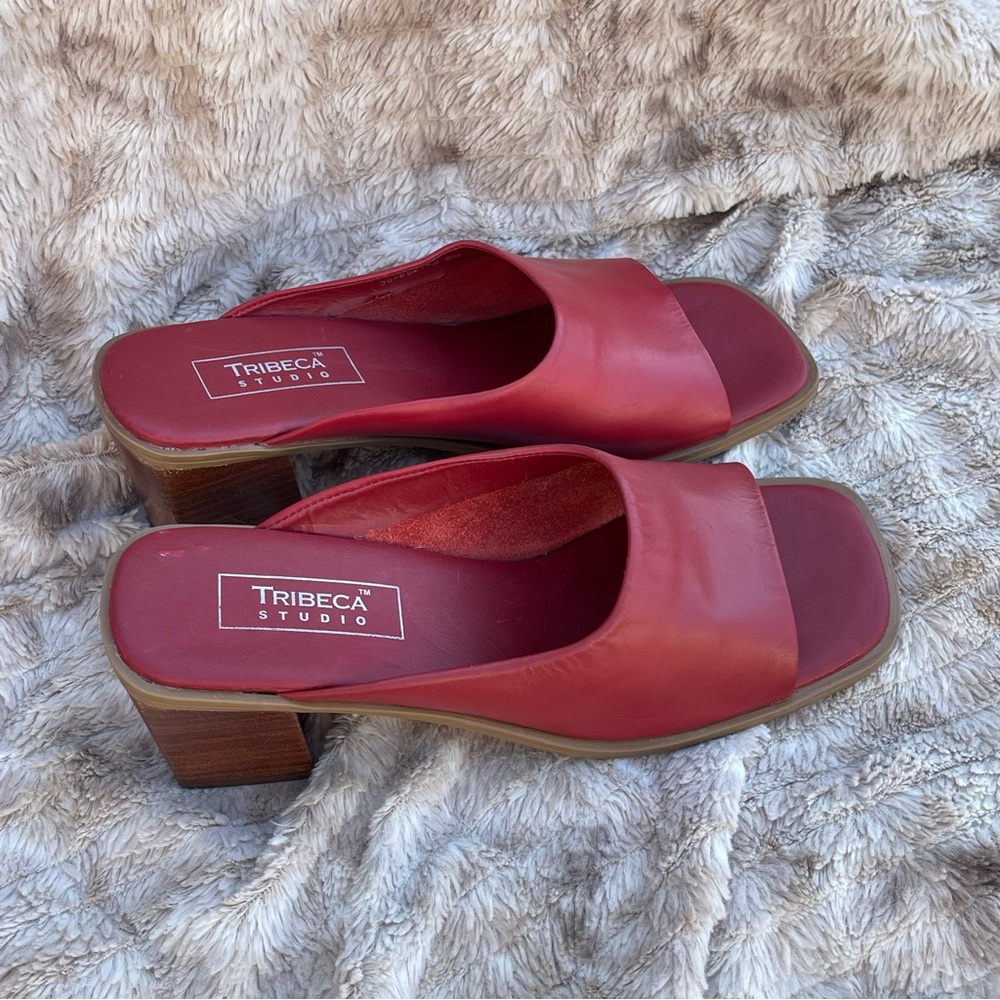 TRIBECA Studio Red Slide Sandals with Low Block Heel - Picture 6 of 8